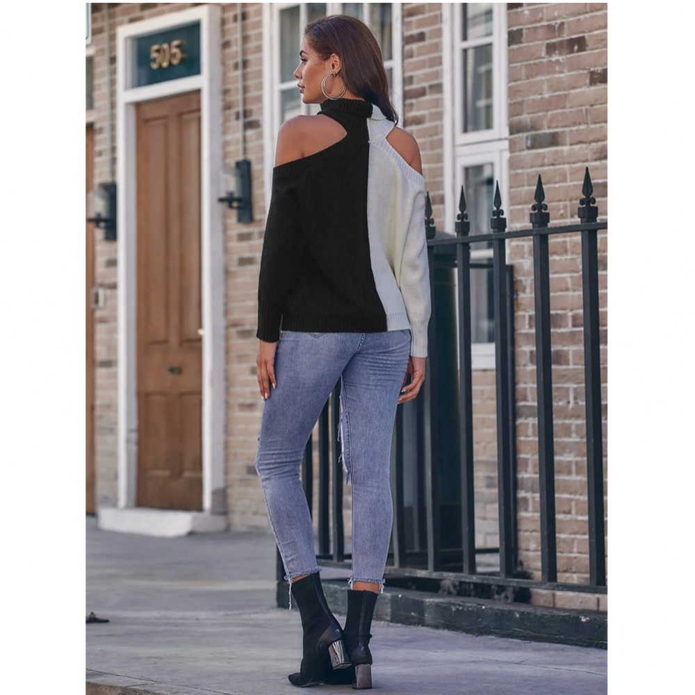 Cold Shoulder Colorblock Black and Off White Turtleneck Sweater - Picture 3 of 7